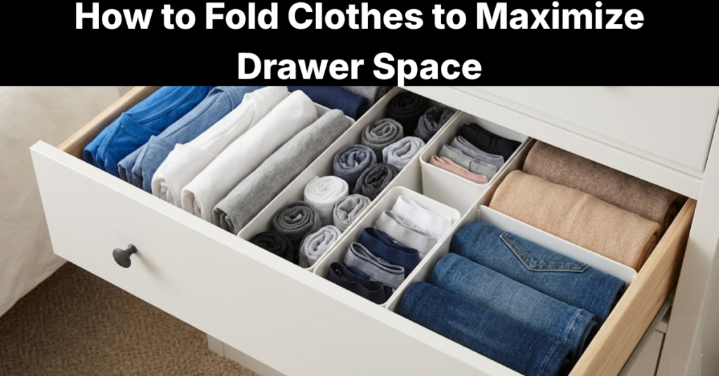 file folded clothes standing upright in organized dresser drawer to maximize drawer space