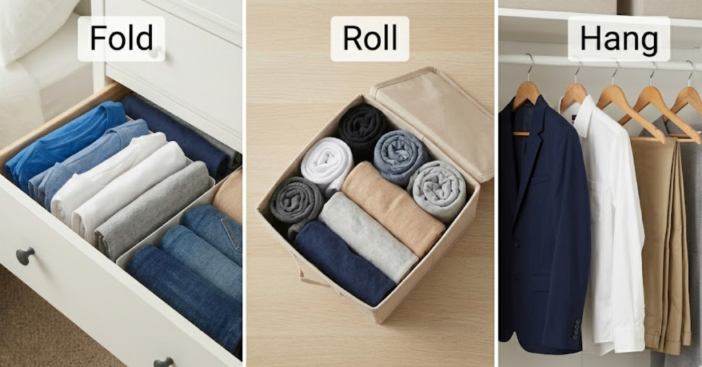 folding rolling and hanging clothes storage method comparison guide