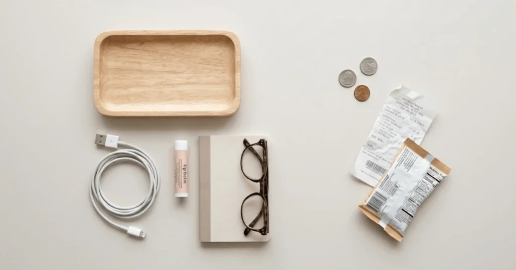 nightstand declutter checklist with essentials organized by category