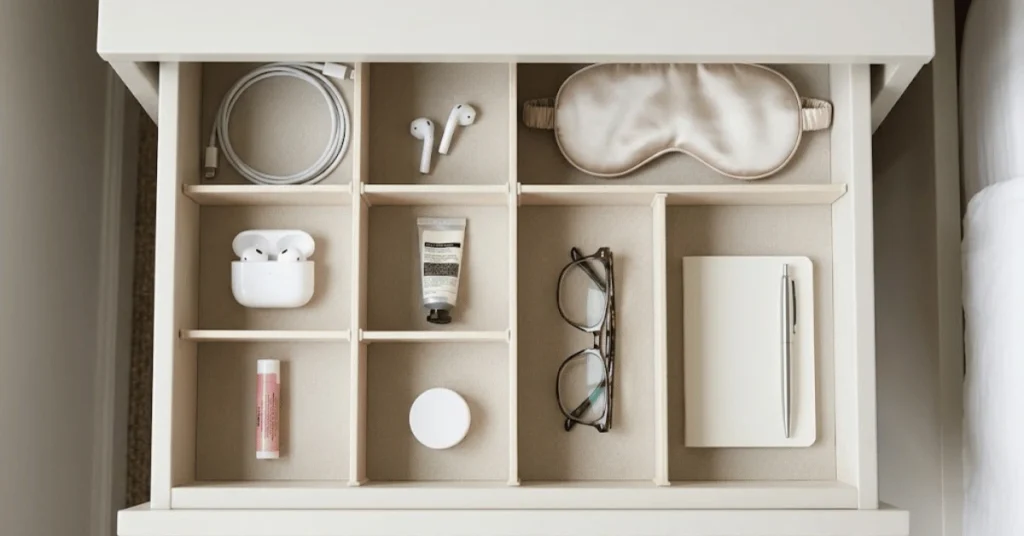 nightstand drawer dividers organizing chargers toiletries and reading items