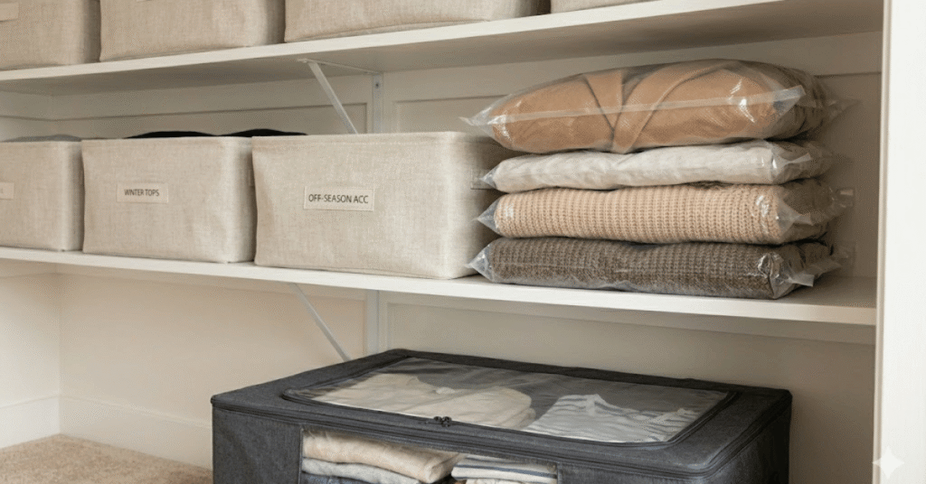 off season capsule wardrobe storage with labeled bins vacuum bags and under bed storage