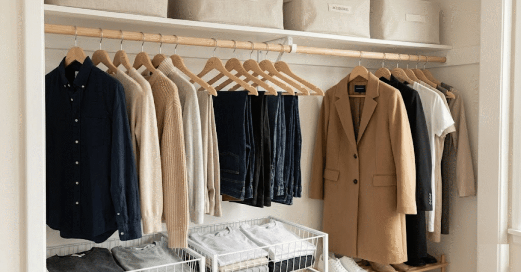 organized capsule wardrobe closet with matching hangers file folding bins and visible accessories
