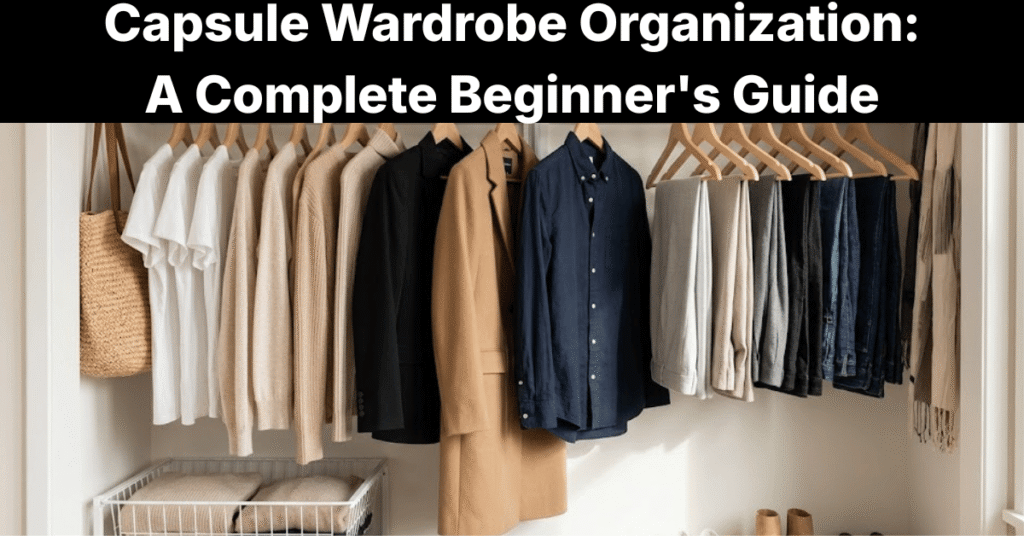organized capsule wardrobe in a small bedroom closet with neutral clothes and storage bins