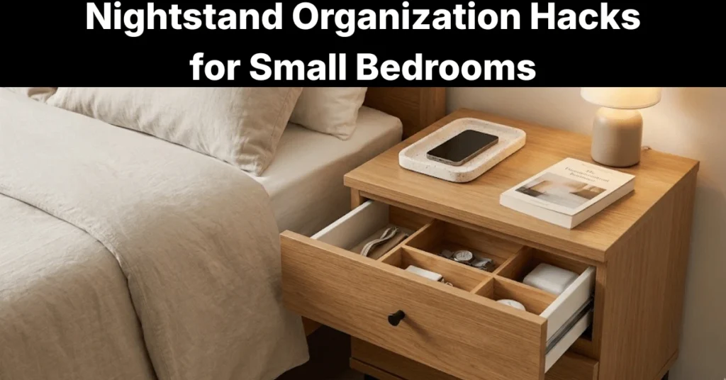 organized nightstand in a small bedroom with tray and drawer storage