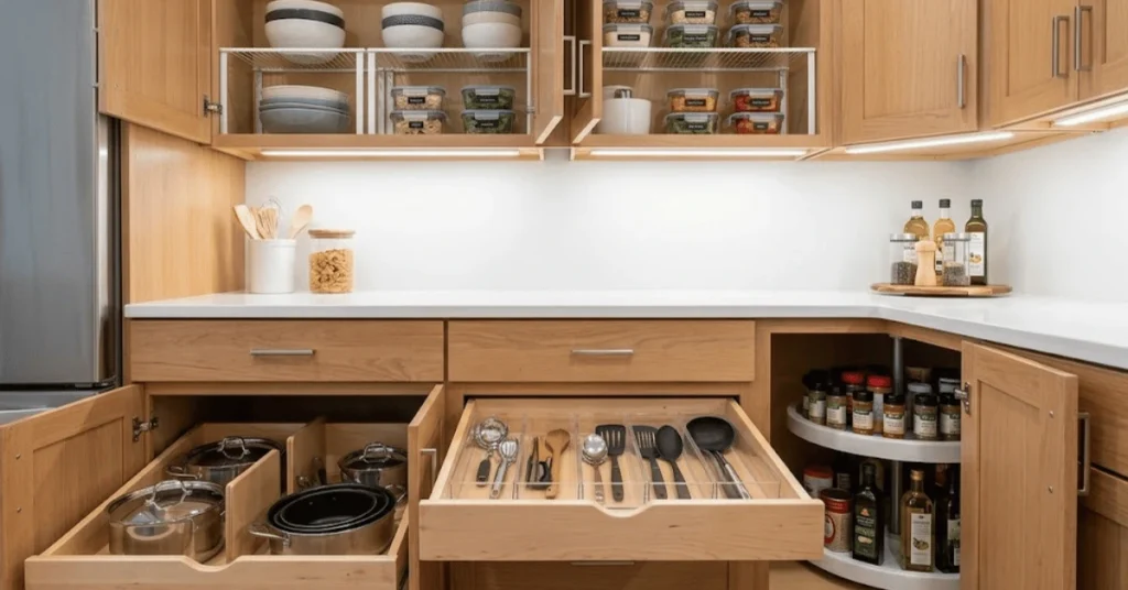 pull out drawers and dividers organizing small kitchen cabinets