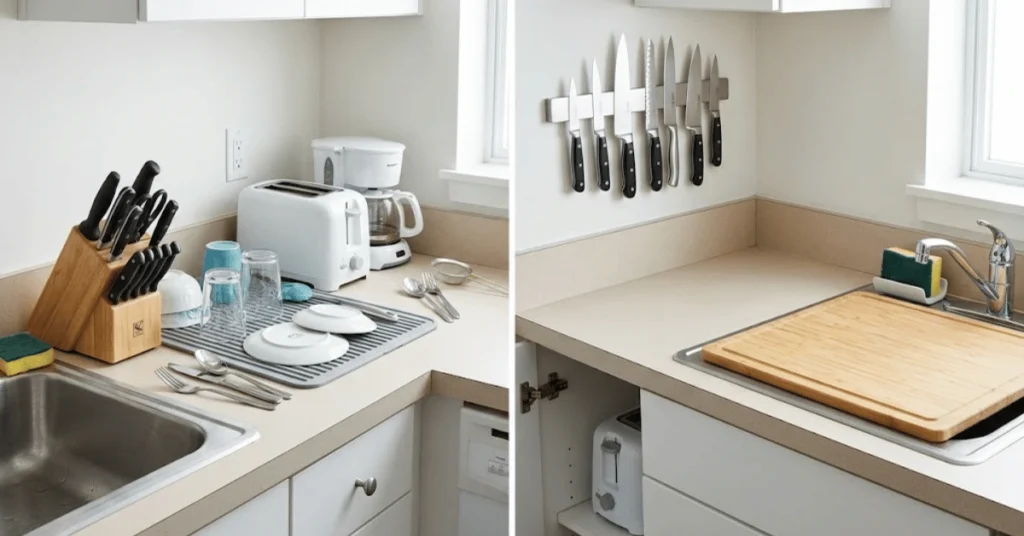 small kitchen counter cleared with magnetic knife strip and over sink cutting board