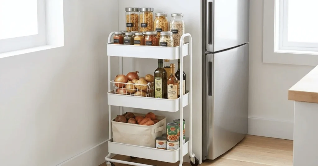 three tier rolling cart used as pantry storage in a small kitchen