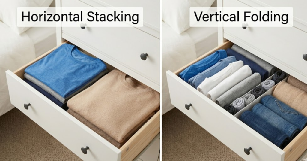 vertical folding versus horizontal stacking comparison for drawer organization