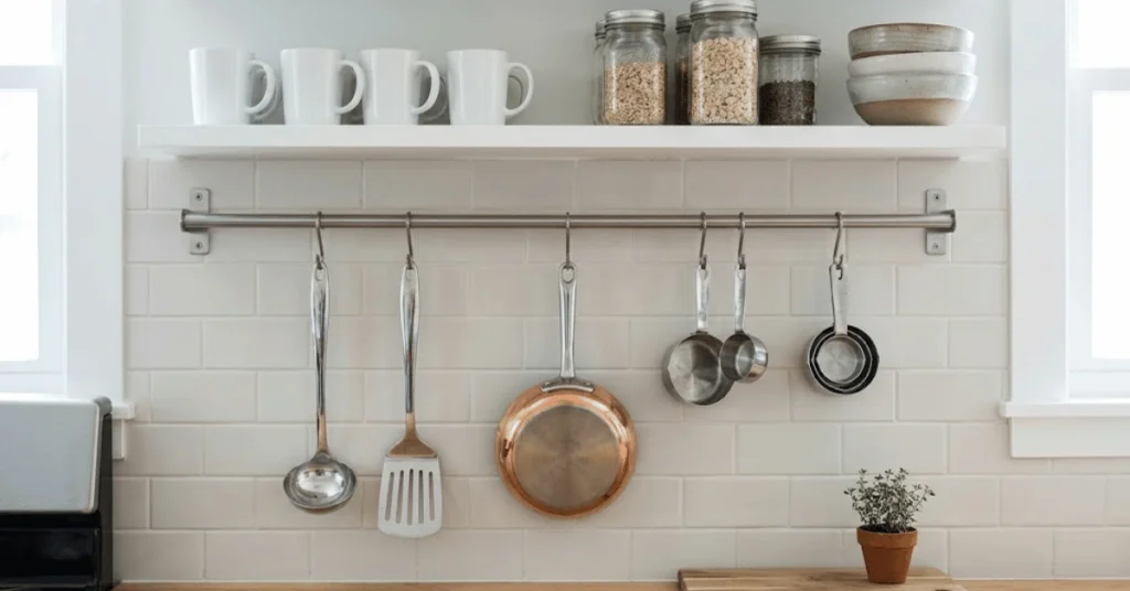 wall rail and floating shelves used for small kitchen vertical storage