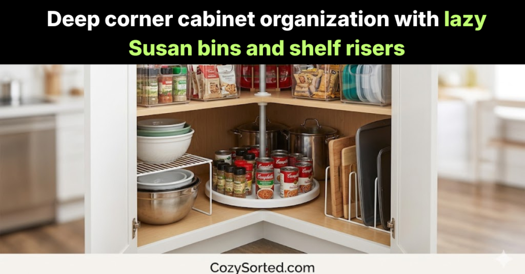 Deep corner cabinet organization with lazy Susan bins and shelf risers