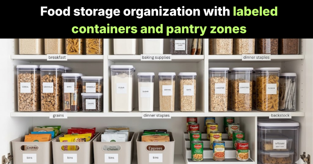 Food storage organization with labeled containers and pantry zones