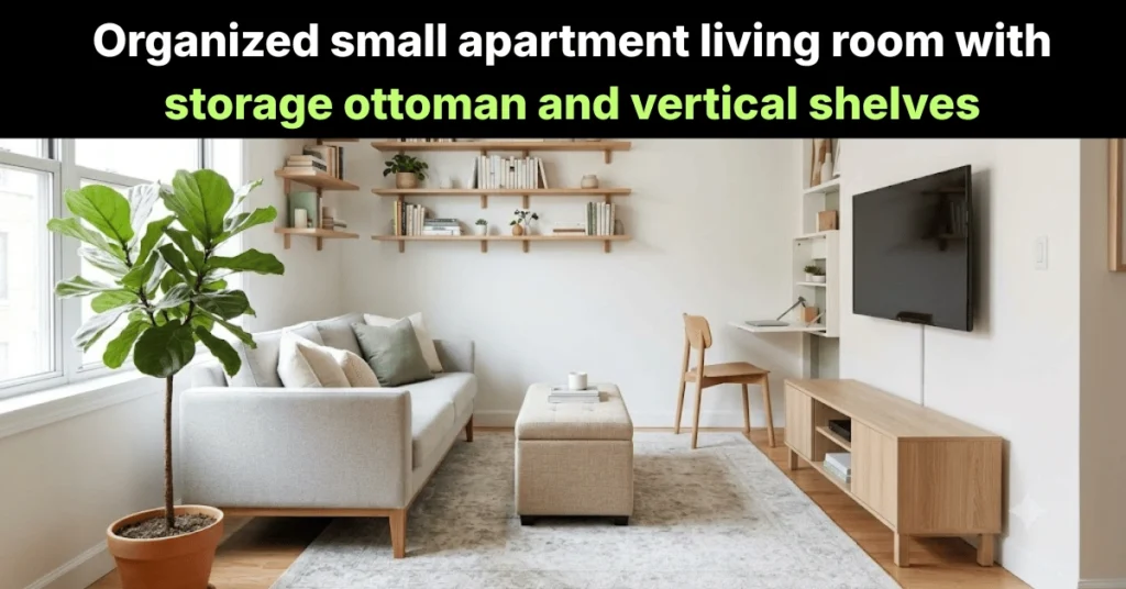Organized small apartment living room with storage ottoman and vertical shelves