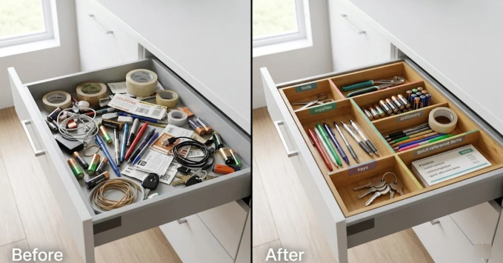Before and after kitchen junk drawer organization with utility tray compartments
