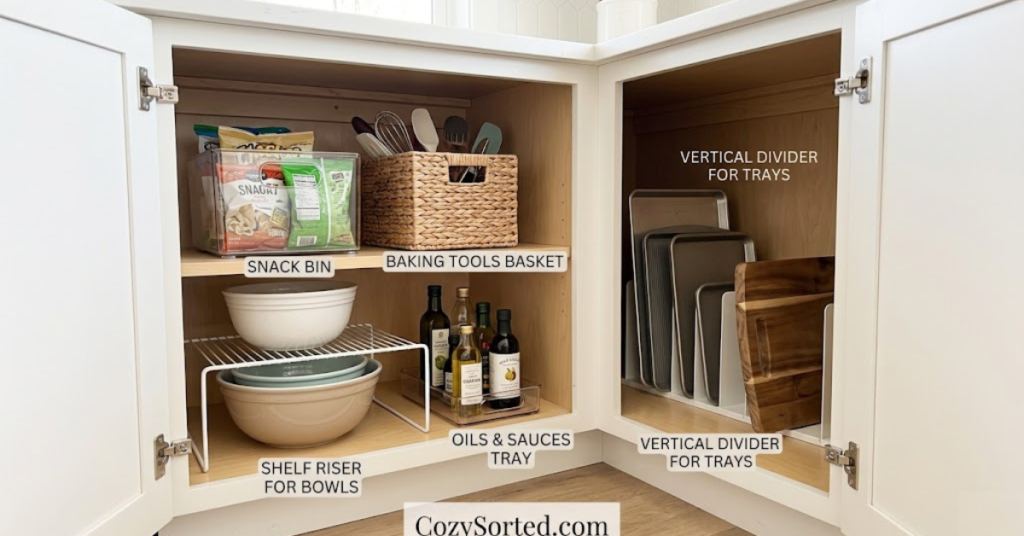 Deep corner cabinet organized with bins baskets and shelf risers