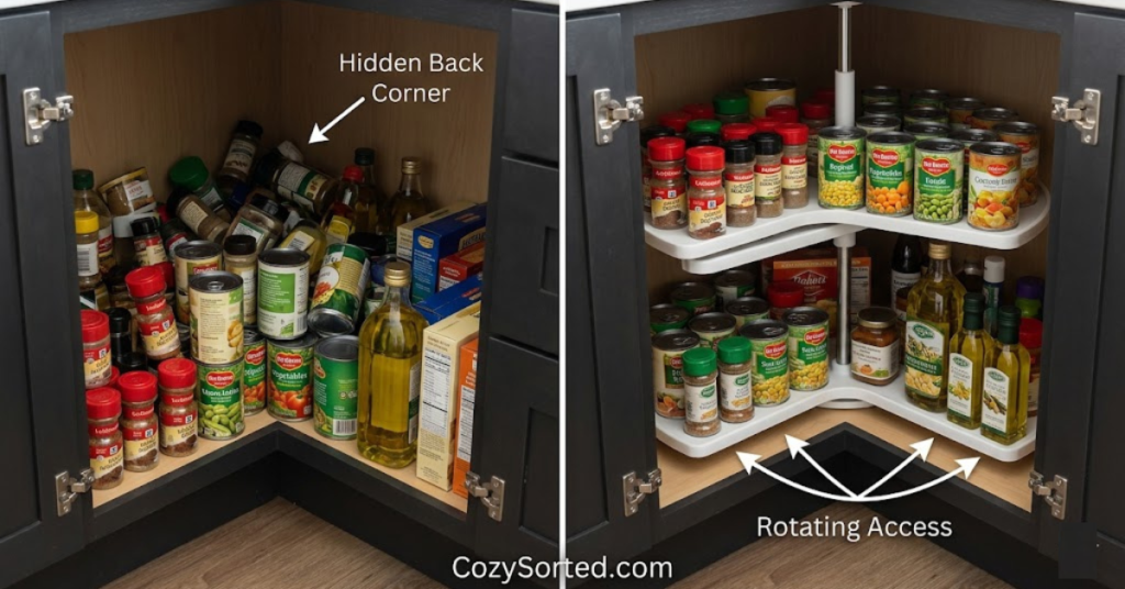 Lazy Susan corner cabinet organizer for jars cans and bottles