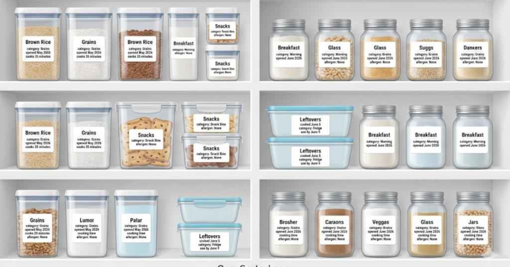 Food storage labels with names dates categories and expiration tracking