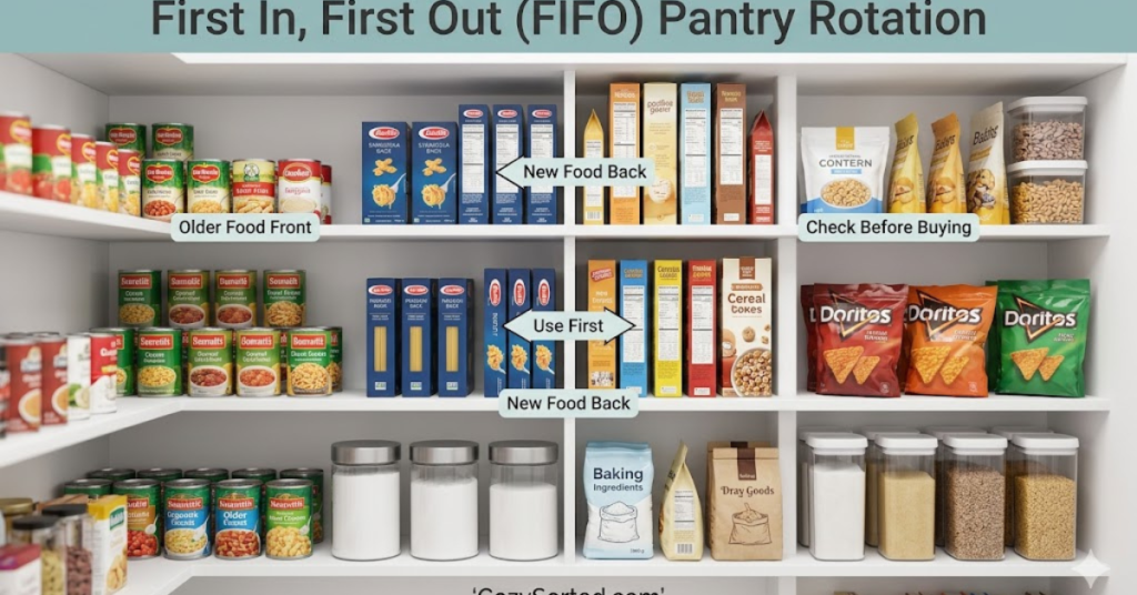 FIFO pantry rotation method for reducing duplicate buying and food waste