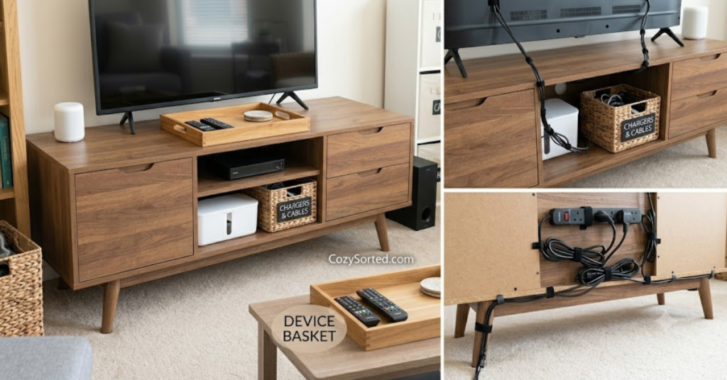 Living room media console cord and remote organization without built ins