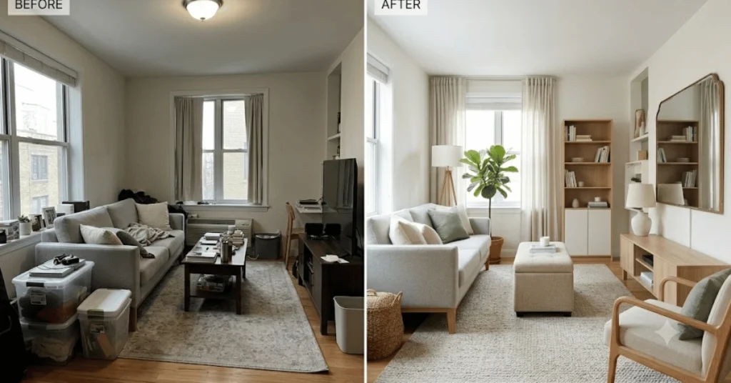 Small apartment living room styled with rug mirror lighting and storage