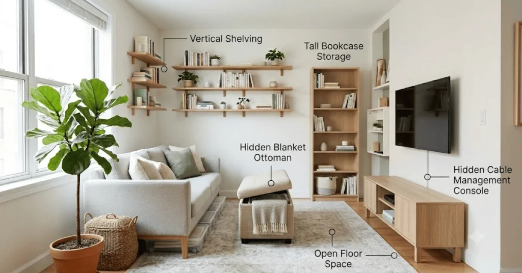 Vertical and hidden storage ideas for a small apartment living room