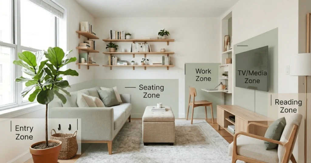 Small apartment living room divided into seating TV work and entry zones