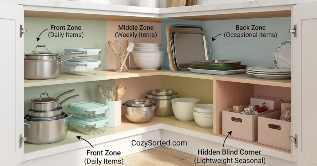 Deep corner cabinet reach zones for front middle and back storage