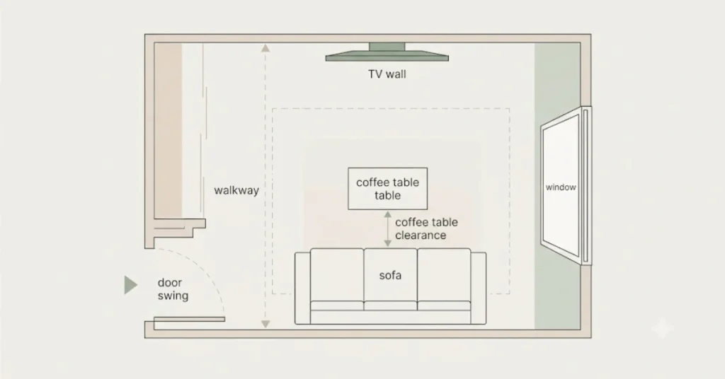 Small apartment living room layout with clear walkways and focal point