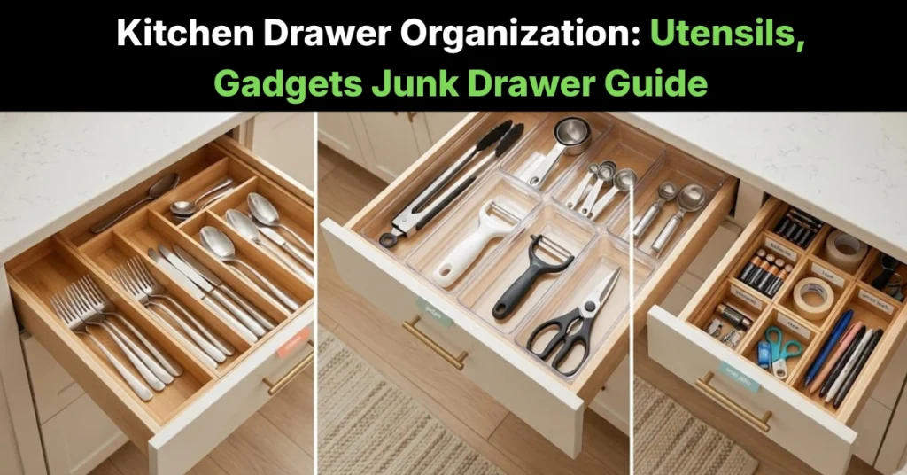 Kitchen drawer organization with utensils gadgets and junk drawer storage