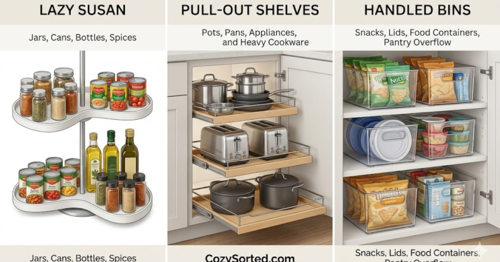 Lazy Susan pull out shelves and bins for deep corner cabinet organization