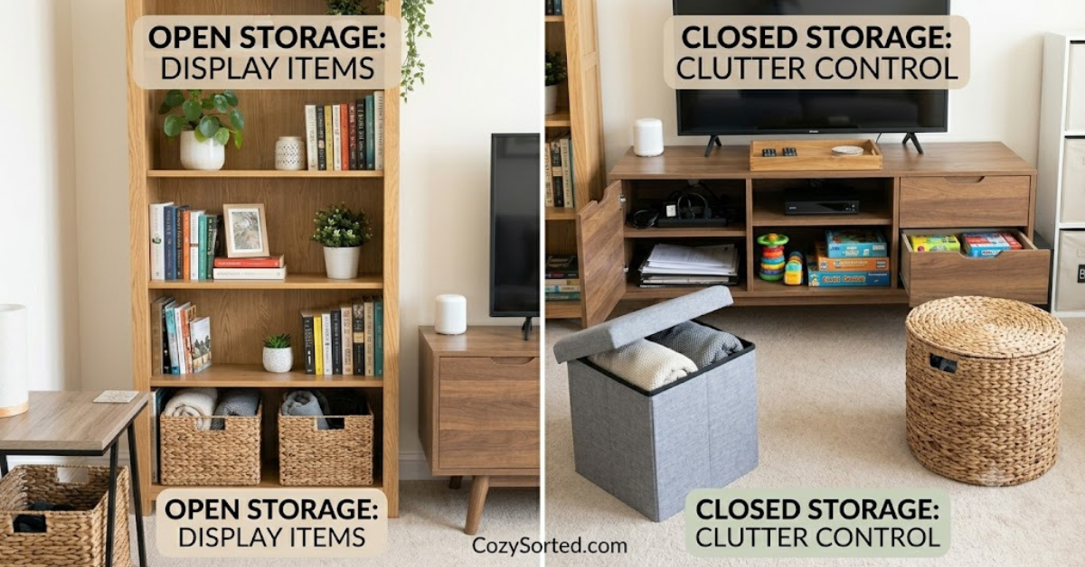 Open and closed storage choices for a tidy TV stand and small living room