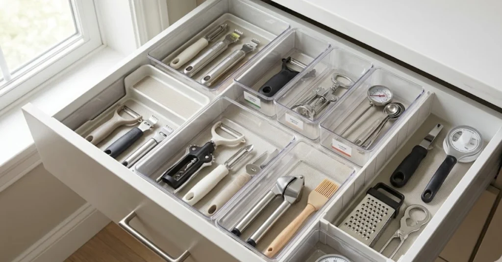 Deep kitchen drawer organization with stackable bins and gadget storage