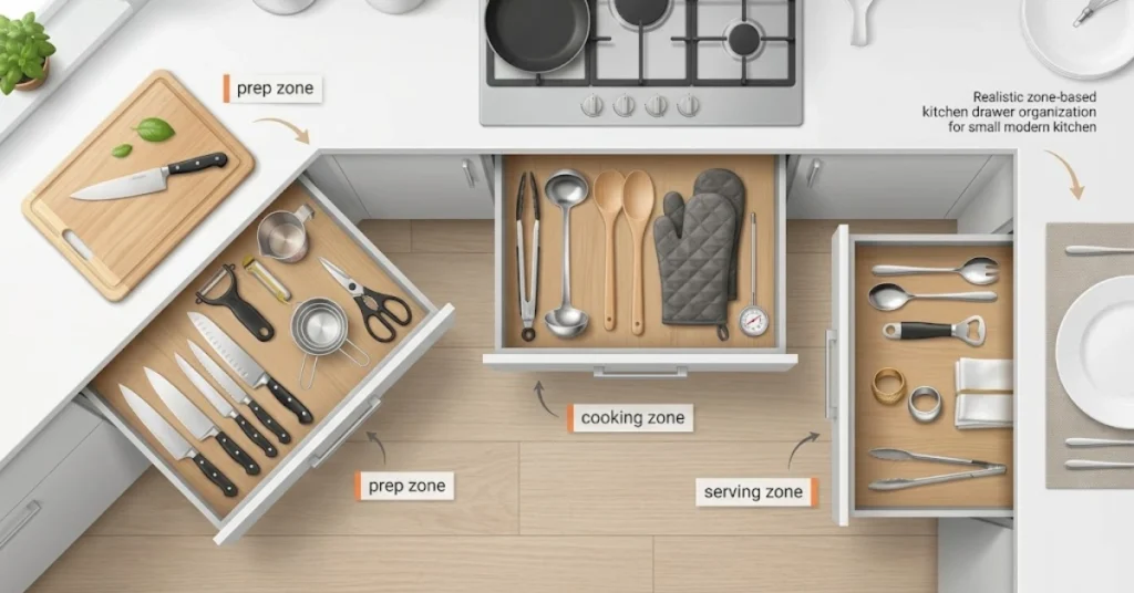 Zone based kitchen drawer organization for prep cooking and serving tools
