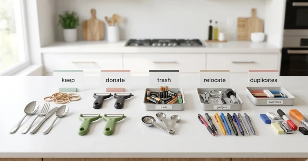 Kitchen drawer audit with broken utensils duplicates gadgets and items to remove