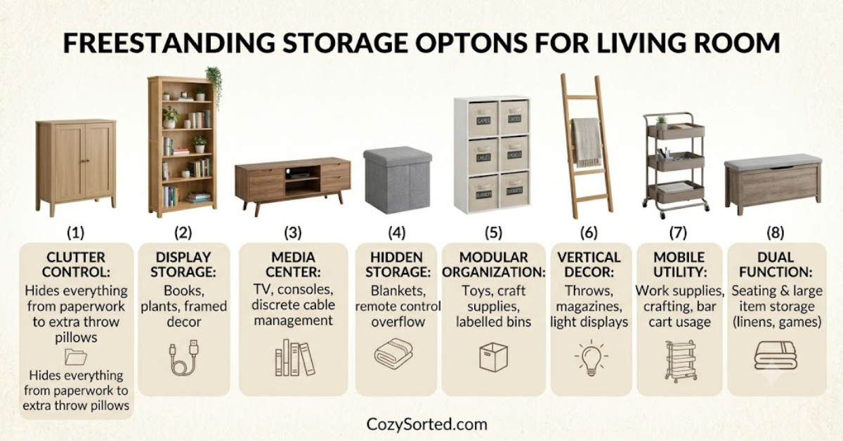 Freestanding living room storage used for remotes cables and small accessories