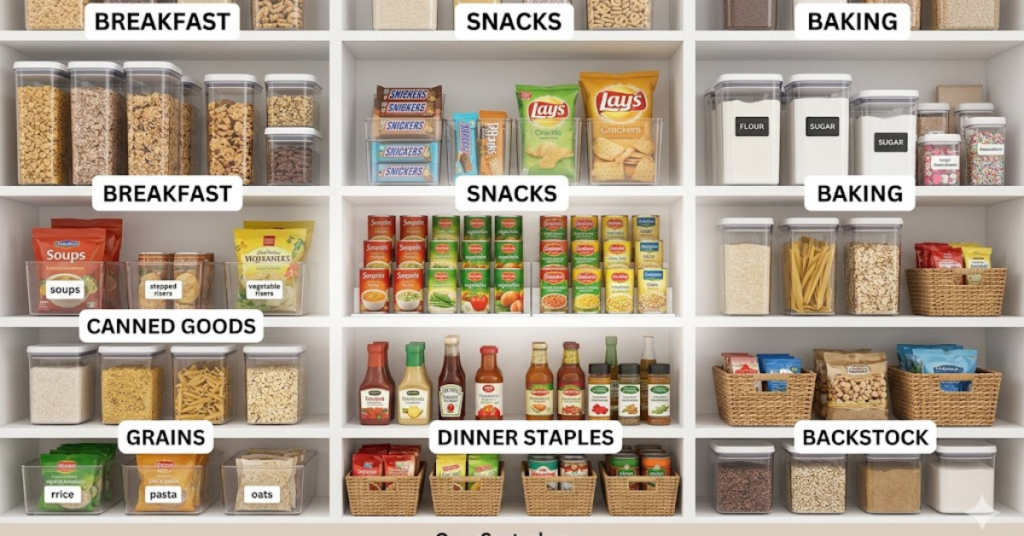 Complete pantry system with food zones labels containers and FIFO rotation