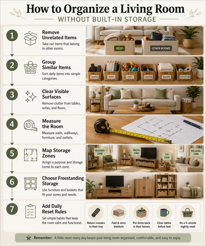 Living room organization process without built-in storage