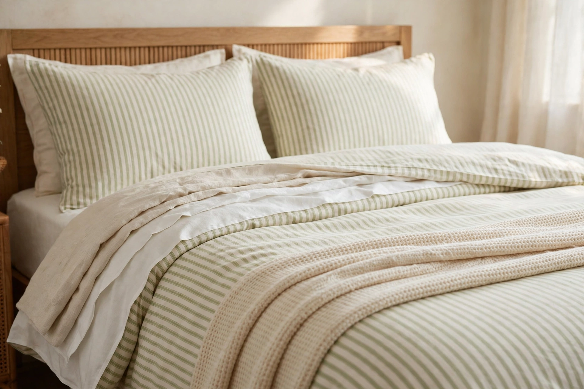 a made bed with a pale green striped duvet cover folded back at the top, standing pillow shams, and a cream throw folded across the foot