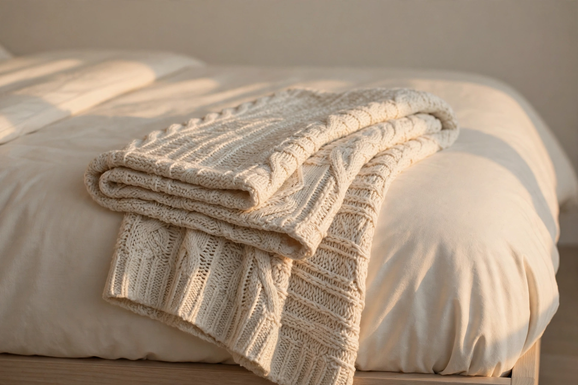 a cream knitted throw with visible cable texture folded across the foot of a bed with plain cream bedding in warm light