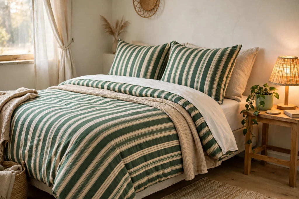 a small bedroom after a budget refresh with a bed dressed in a green and cream striped duvet cover set, standing shams, a trailing plant and a warm lamp on the nightstand