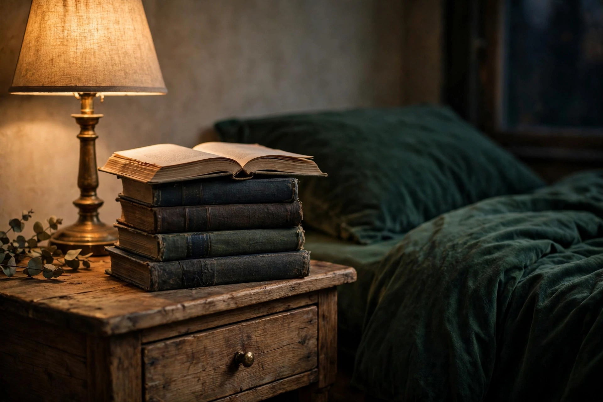 a stack of old clothbound books with an open book on top on a wooden nightstand, beside a warm lamp and deep green bedding