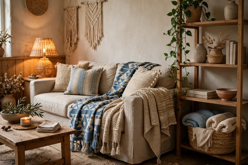 a boho apartment living area with a sofa layered with woven throws including a blue and neutral geometric throw with tassel fringe, macrame wall hangings, a trailing plant on a wooden shelf, and a woven basket of folded blankets