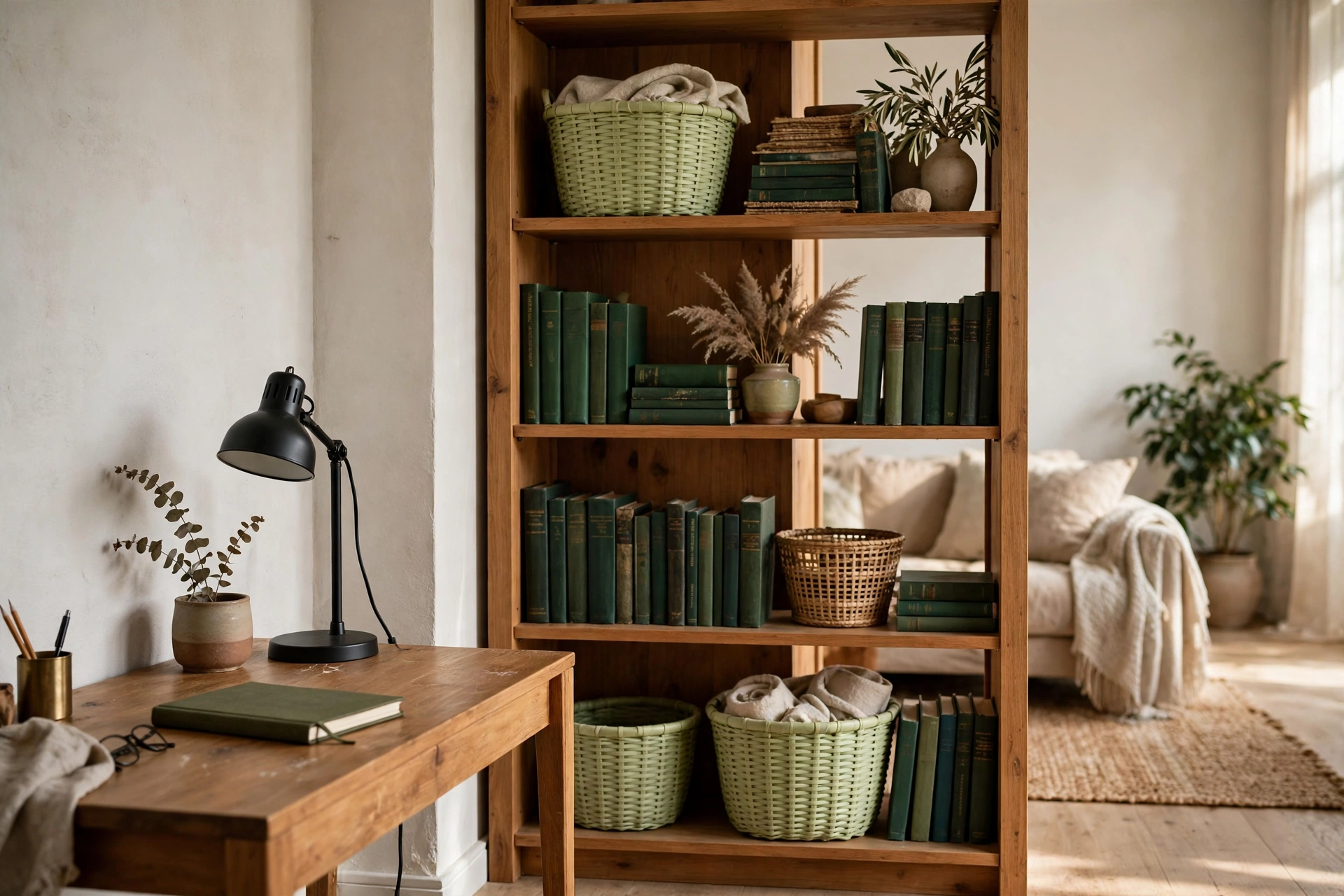 an open bookcase used as a divider between a small desk area and the rest of a living room, with baskets and books on its shelves