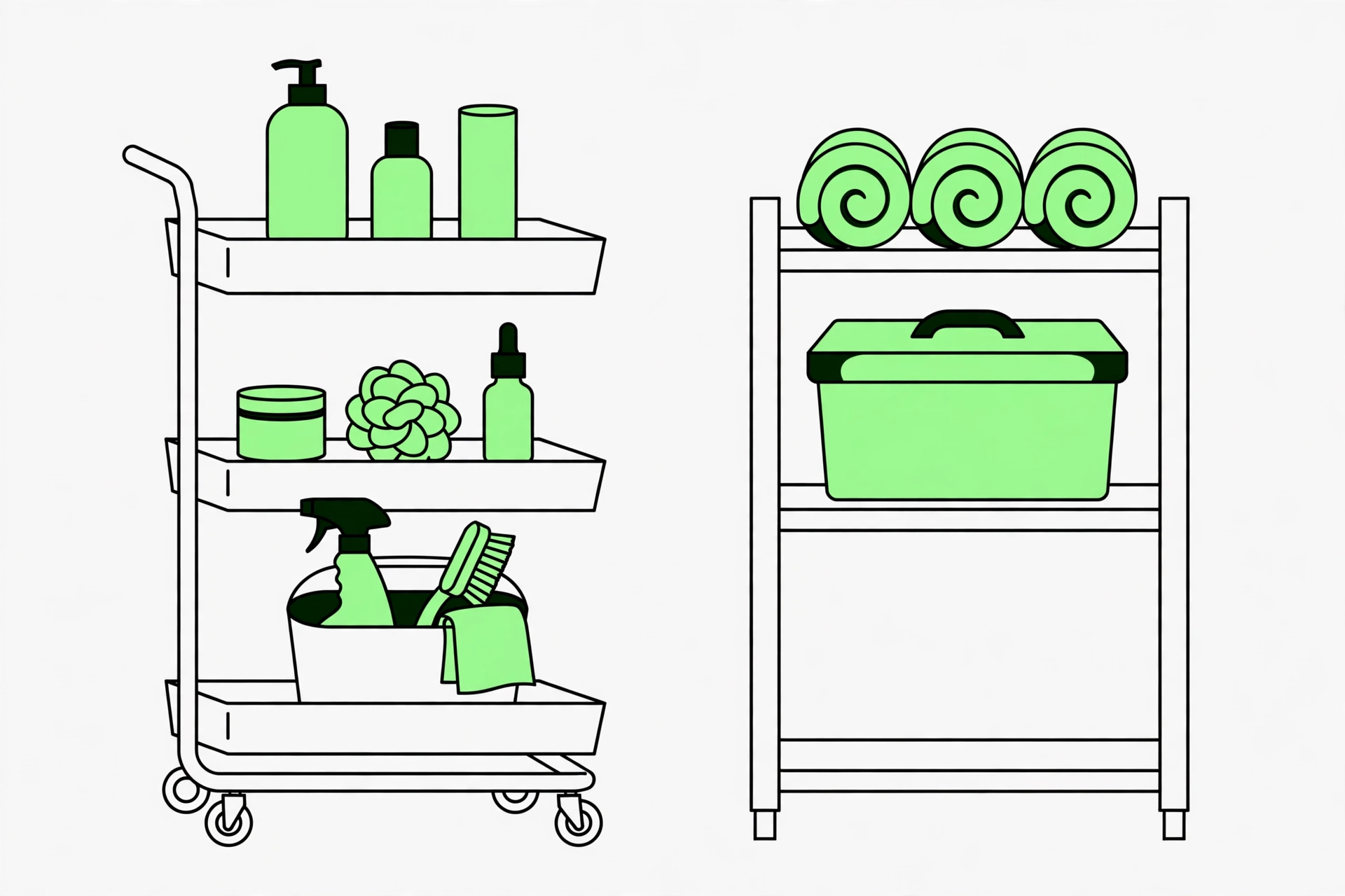 cart tiers and over toilet shelves arranged by frequency: daily bottles on top, weekly items in the middle, cleaning caddy below, rolled towels and a lidded bin above the toilet