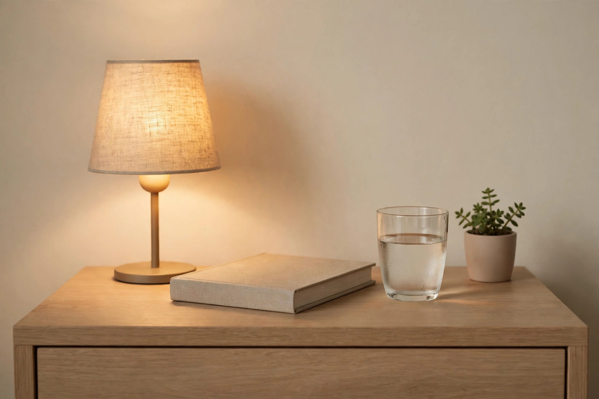 a cleared wooden nightstand holding only a warm glowing lamp, a closed book, a glass of water, and a small potted plant