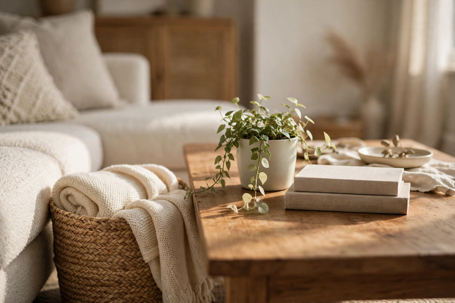 a coffee table detail with a woven seagrass basket holding a folded cream throw, a trailing green plant, and a small stack of books