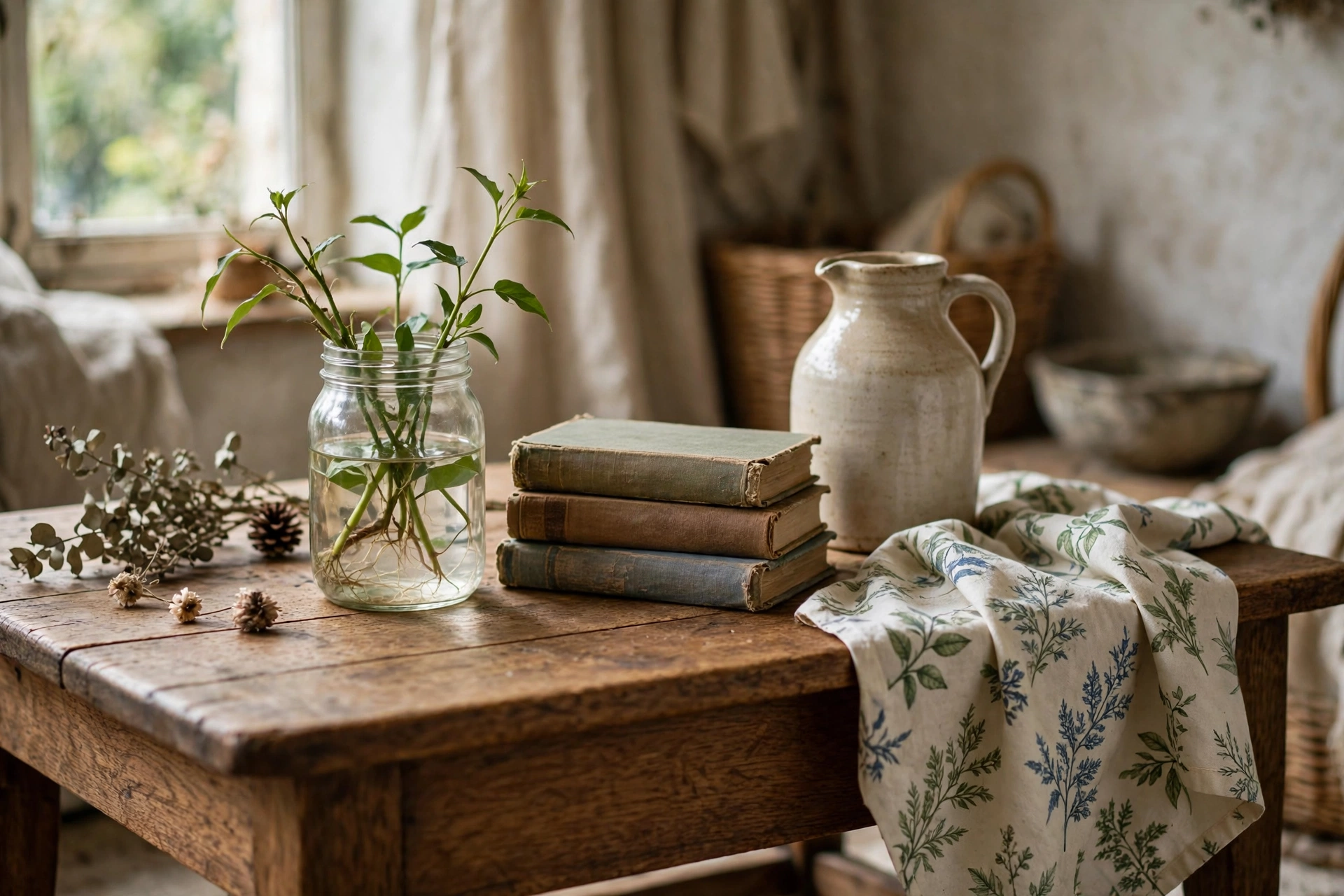 a wooden coffee table with a glass jar of plant cuttings in water, a stack of old clothbound books, a ceramic jug, and a botanical print cloth draped over the corner