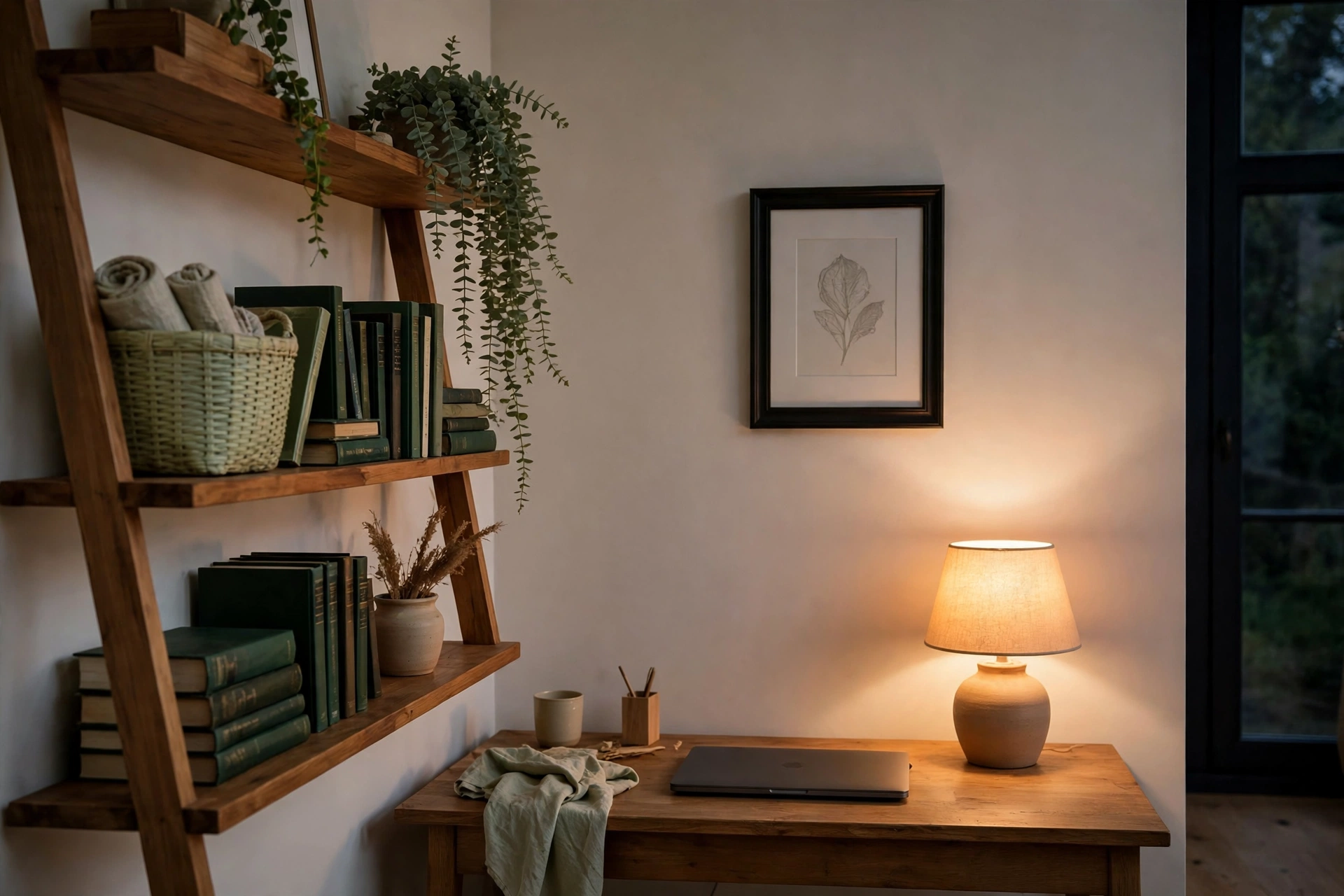a corner desk with leaning shelves holding baskets and books on one wall, the other wall nearly empty with a single framed print, and a closed laptop under a warm lamp