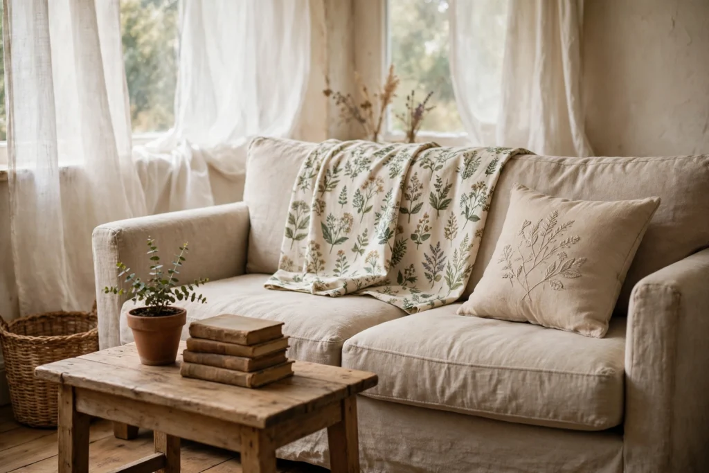 a cottagecore living room with a linen sofa, a botanical print fabric draped over the back, an embroidered cushion, a potted plant and old books on a wooden coffee table, and sheer curtains