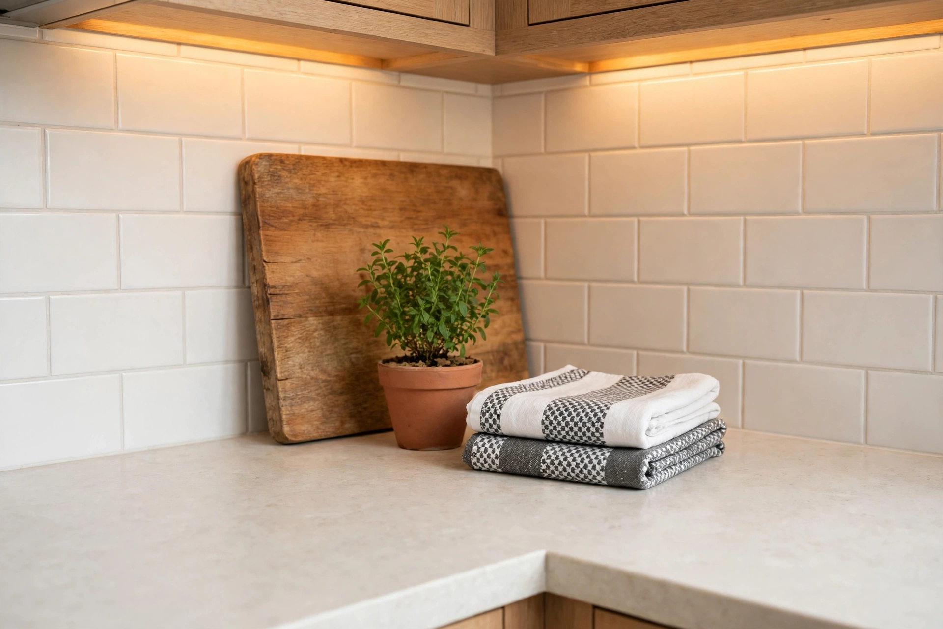 a styled kitchen counter corner with a wooden board, a small potted herb plant, and folded white and gray patterned dish towels under warm cabinet light
