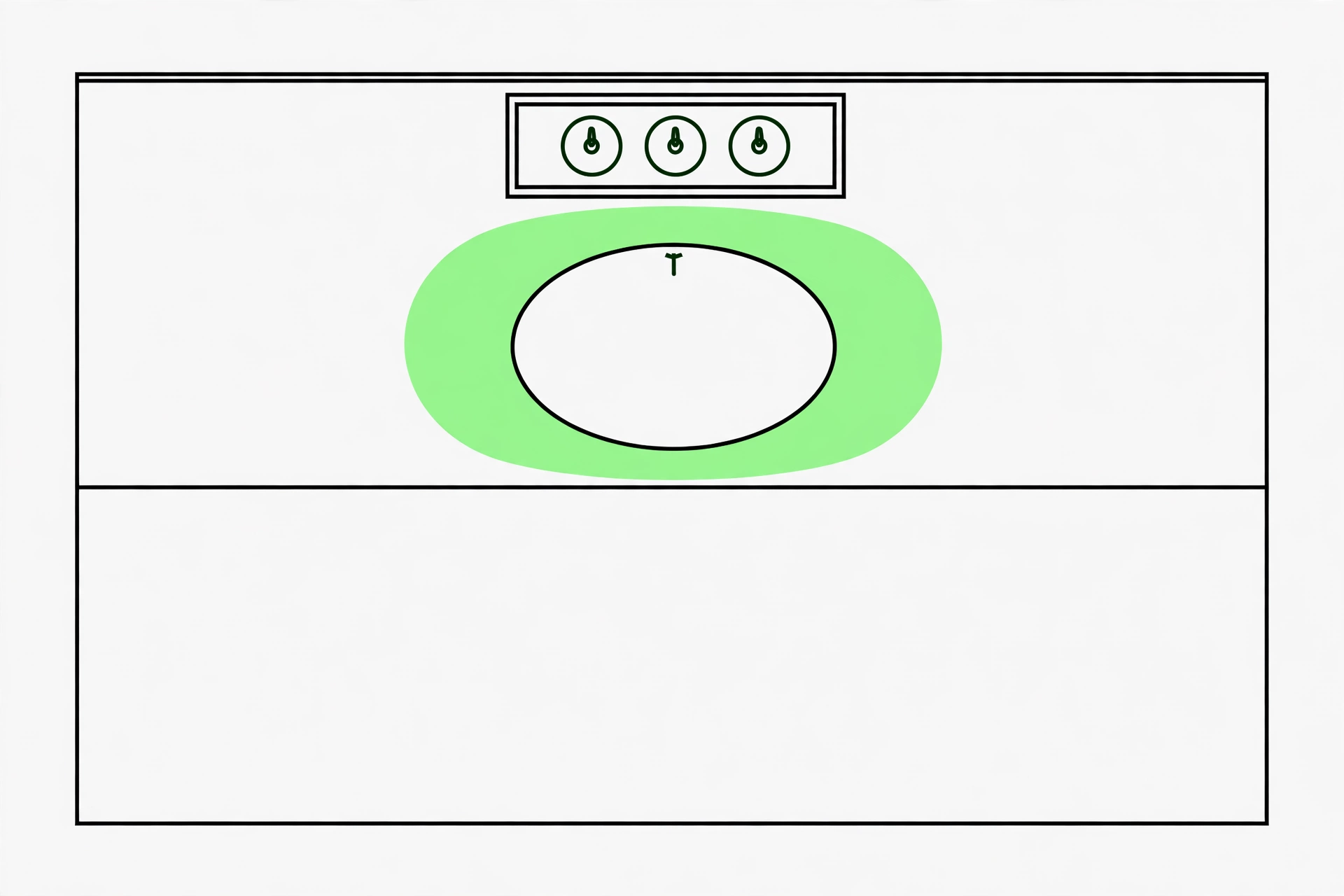 top view diagram of a small bathroom counter: wet zone highlighted around the basin, a tray with daily bottles along the back edge, and the front strip of counter kept completely clear